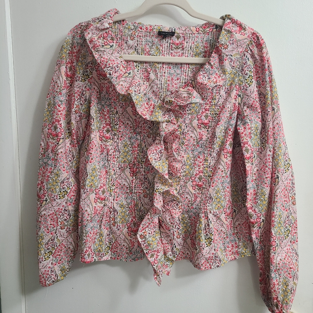 Talbots Women Ruffle Top Pink Floral Soft Cotton Relaxed Versatile Femenine Sz S